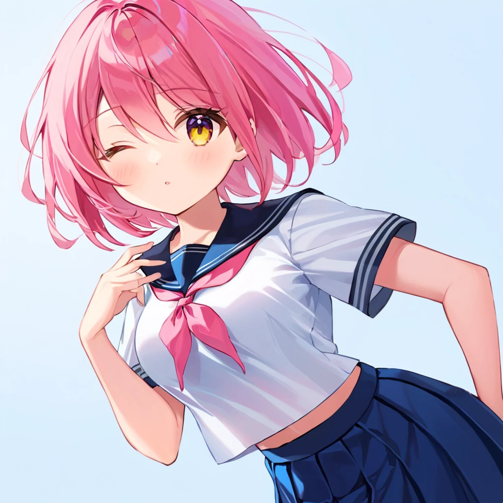 (1 girl),(Best Picture Quality, 8K, Masterpiece:1.3), (high school student:1.5), ((pink lob hair:1.1)), (bob cut),(swept bangs), (cute eyes, pupil black, iris skyblue, youthful face), (mole under right eye), (standard weight), (small breasts),(big hip), (glistening skin:1.1),(pale skin:1.2), ((serafuku, white sailor short sleeve simple shirt, darkblue skirt, darkblue sailor collar, pink ribbon)).