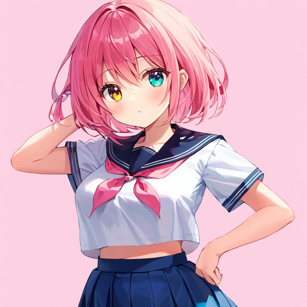 (1 girl),(Best Picture Quality, 8K, Masterpiece:1.3), (high school student:1.5), ((pink lob hair:1.1)), (bob cut),(swept bangs), (cute eyes, pupil black, iris skyblue, youthful face), (mole under right eye), (standard weight), (small breasts),(big hip), (glistening skin:1.1),(pale skin:1.2), ((serafuku, white sailor short sleeve simple shirt, darkblue skirt, darkblue sailor collar, pink ribbon)).