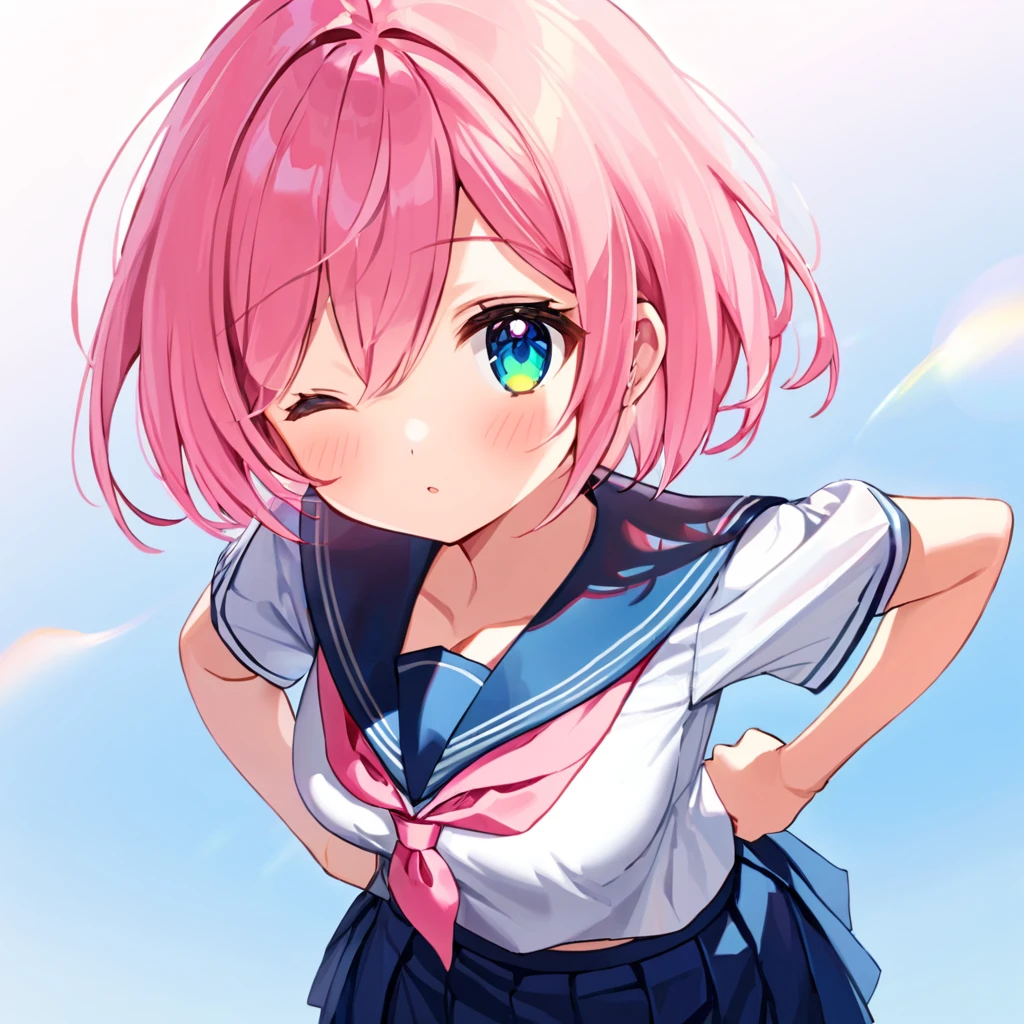 (1 girl),(Best Picture Quality, 8K, Masterpiece:1.3), (high school student:1.5), ((pink lob hair:1.1)), (bob cut),(swept bangs), (cute eyes, pupil black, iris skyblue, youthful face), (mole under right eye), (standard weight), (small breasts),(big hip), (glistening skin:1.1),(pale skin:1.2), ((serafuku, white sailor short sleeve simple shirt, darkblue skirt, darkblue sailor collar, pink ribbon)).