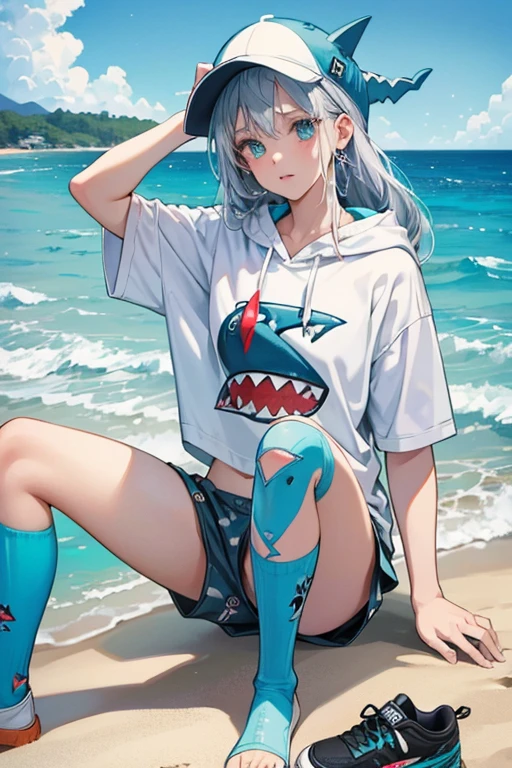 sHe has cool, silver hair and printed face and clothing details. sHe's ready for the beach with a hoodie, swim trunks and surf t-shirt. sHe also has a beachy, shark hat and shark sneakers. Printed details include her shark socks and bandage on her knee.  SPARKLE; GLITTER