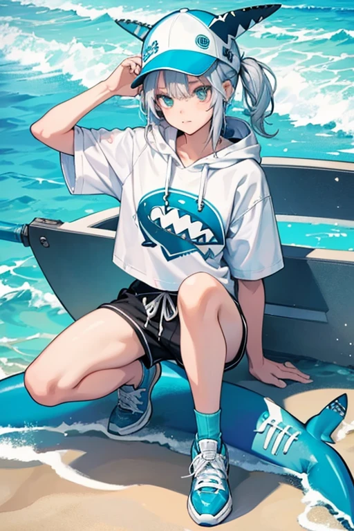 sHe has cool, silver hair and printed face and clothing details. sHe's ready for the beach with a hoodie, swim trunks and surf t-shirt. sHe also has a beachy, shark hat and shark sneakers. Printed details include her shark socks and bandage on her knee.  SPARKLE; GLITTER