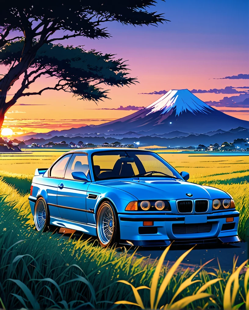A classic BMW M3 E36 sports car in ABS blue、Anime scenery of a girl sitting in tall grass with a sunset in the background.Beautiful anime scene, Beautiful anime peace scenes, Makoto Shinkai Cyril Rolland, Beautiful anime scene, Awesome Wallpapers, Anime Art Wallpapers 8K, Anime Background, artistic Anime Background, anime wallpaper 4k, Anime Art 4K Wallpaper, Anime Wallpaper Art 4k,