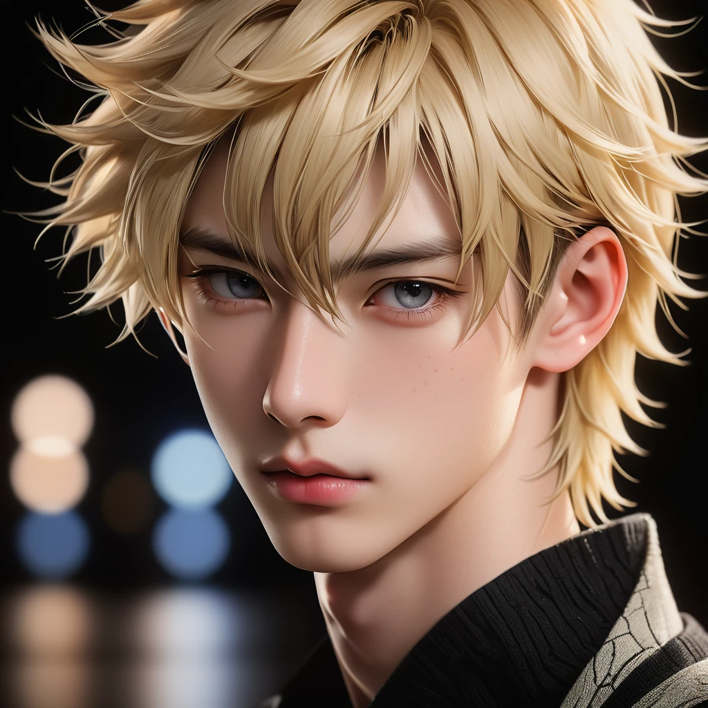 Meticulous, analog style, focus on the eyes, highest quality, (highly detailed skin), photo of very handsome pale skin Japanese donghua boy, 21 years old, (blonde hair), perfect face, pore skin, (penetration:0.5), black background, (bokeh:0.6), sharp focus, grainy lighting, (backlight:0.7), film grain, photographed with Sony A7R IV camera, 18mm F/1.7 cine lens, (highly detailed, intricate detail), 8k, HDR, front view, (upper body: 0.9)
