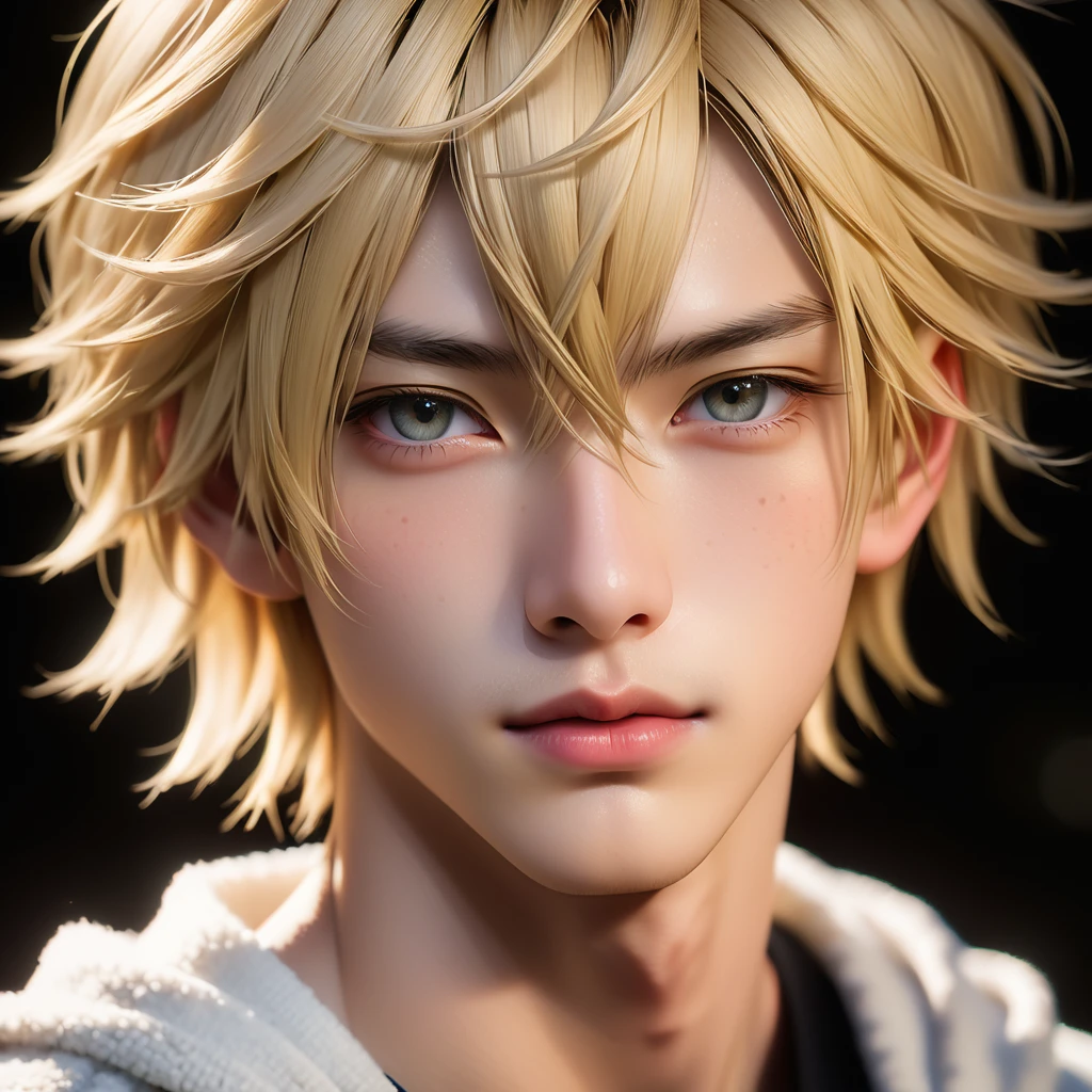 Meticulous, analog style, focus on the eyes, highest quality, (highly detailed skin), photo of very handsome pale skin Japanese donghua boy, 21 years old, (blonde hair), perfect face, pore skin, (penetration:0.5), black background, (bokeh:0.6), sharp focus, grainy lighting, (backlight:0.7), film grain, photographed with Sony A7R IV camera, 18mm F/1.7 cine lens, (highly detailed, intricate detail), 8k, HDR, front view, (upper body: 0.9)