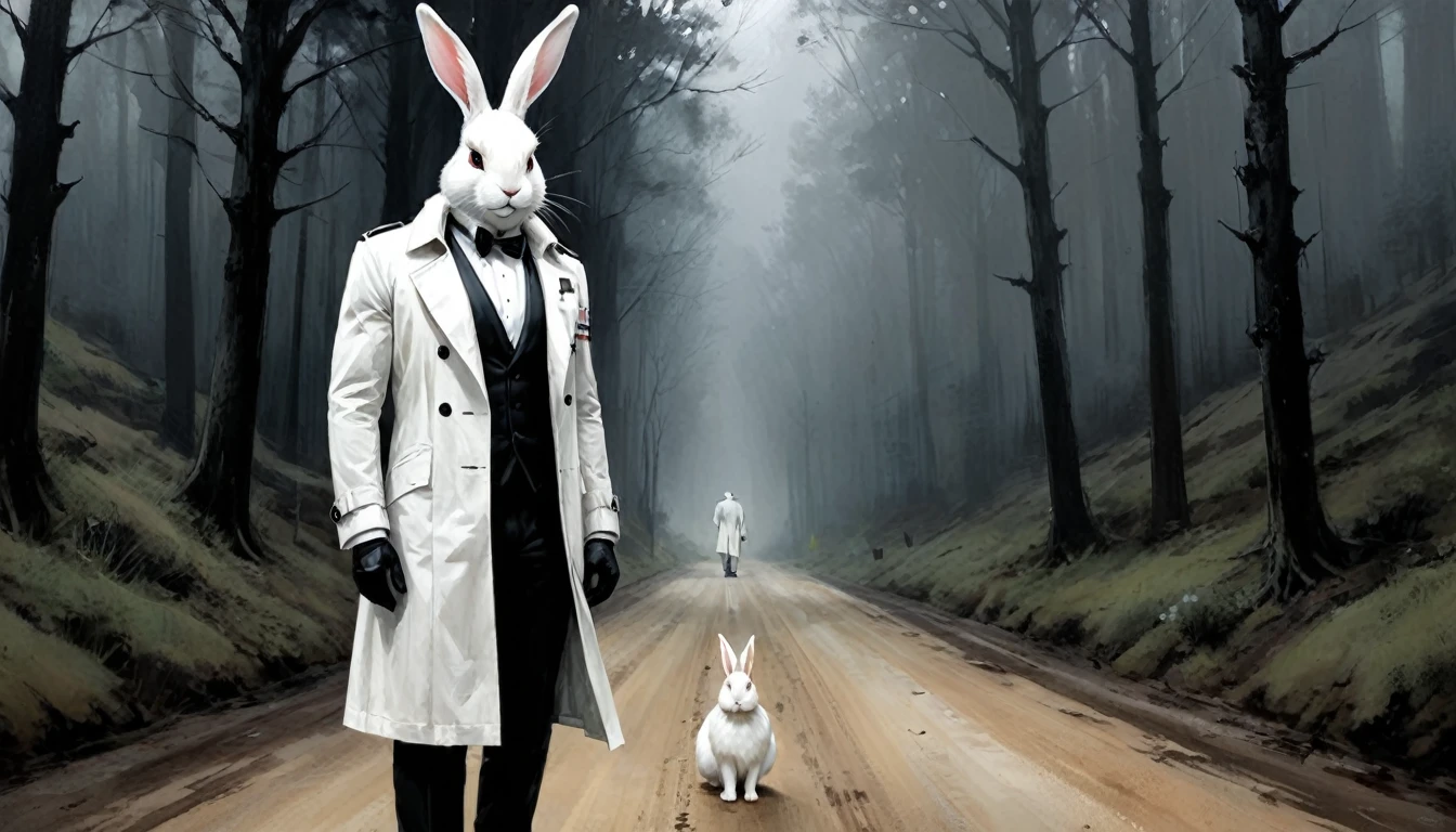 Full body painting of a man with a white rabbit head that is somewhat human looking, a strong man face that is a rabbit face, in a white trench coat, a black james bond like tuxedo under the trench coat with a black bow tie, russ mills, by Ben Templesmith, inspired by Santiago Caruso, inspired by ashley wood, ashley wood illustration, from the sandman netflix show, stern looking rabbit in a lab coat, inspired by Stephen Gammell, eric lacombe, shawn coss, stephen gammell style, inspirational artwork, big bulging bloodshot rabbit eyes, The rabbit man looks old but strong almost like an old military veteran, He is walking on a dirt road in the forest.