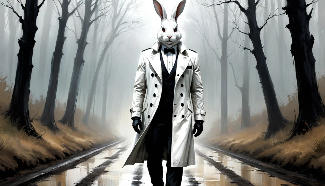 Full body painting of a man with a white rabbit head that is somewhat human looking, a strong man face that is a rabbit face, in a white trench coat, a black james bond like tuxedo under the trench coat with a black bow tie, russ mills, by Ben Templesmith, inspired by Santiago Caruso, inspired by ashley wood, ashley wood illustration, from the sandman netflix show, stern looking rabbit in a lab coat, inspired by Stephen Gammell, eric lacombe, shawn coss, stephen gammell style, inspirational artwork, big bulging bloodshot rabbit eyes, The rabbit man looks old but strong almost like an old military veteran, He is walking on a dirt road in the forest.