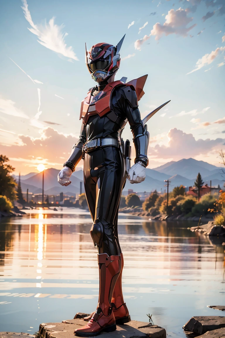 The sunset flies with the lonely geese in the distance, and the autumn river water and the vast sky are connected, icons,1boy, full body, Illustration, cinematic light, high resolution, best quality, ultra detailed, masterpiece, power suit, powerranger, suit, spd, (silver ranger suit), gold detail, shoulder cloak,