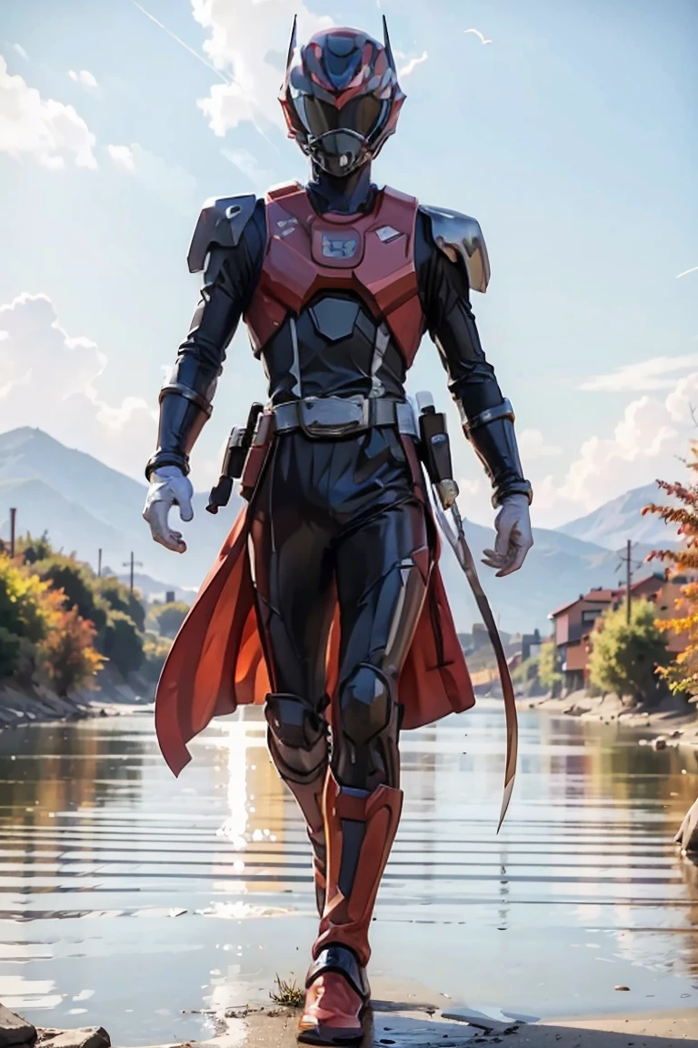 The sunset flies with the lonely geese in the distance, and the autumn river water and the vast sky are connected, icons,1boy, full body, Illustration, cinematic light, high resolution, best quality, ultra detailed, masterpiece, power suit, powerranger, suit, spd, (silver ranger suit), gold detail, shoulder cloak,