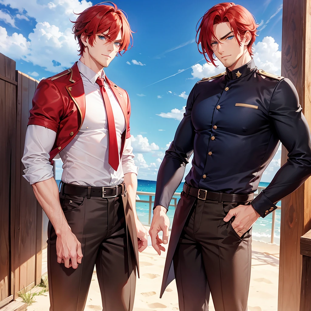 Male, adult, tall, handsome, red hair, blue eyes, slanted eyebrows, manly