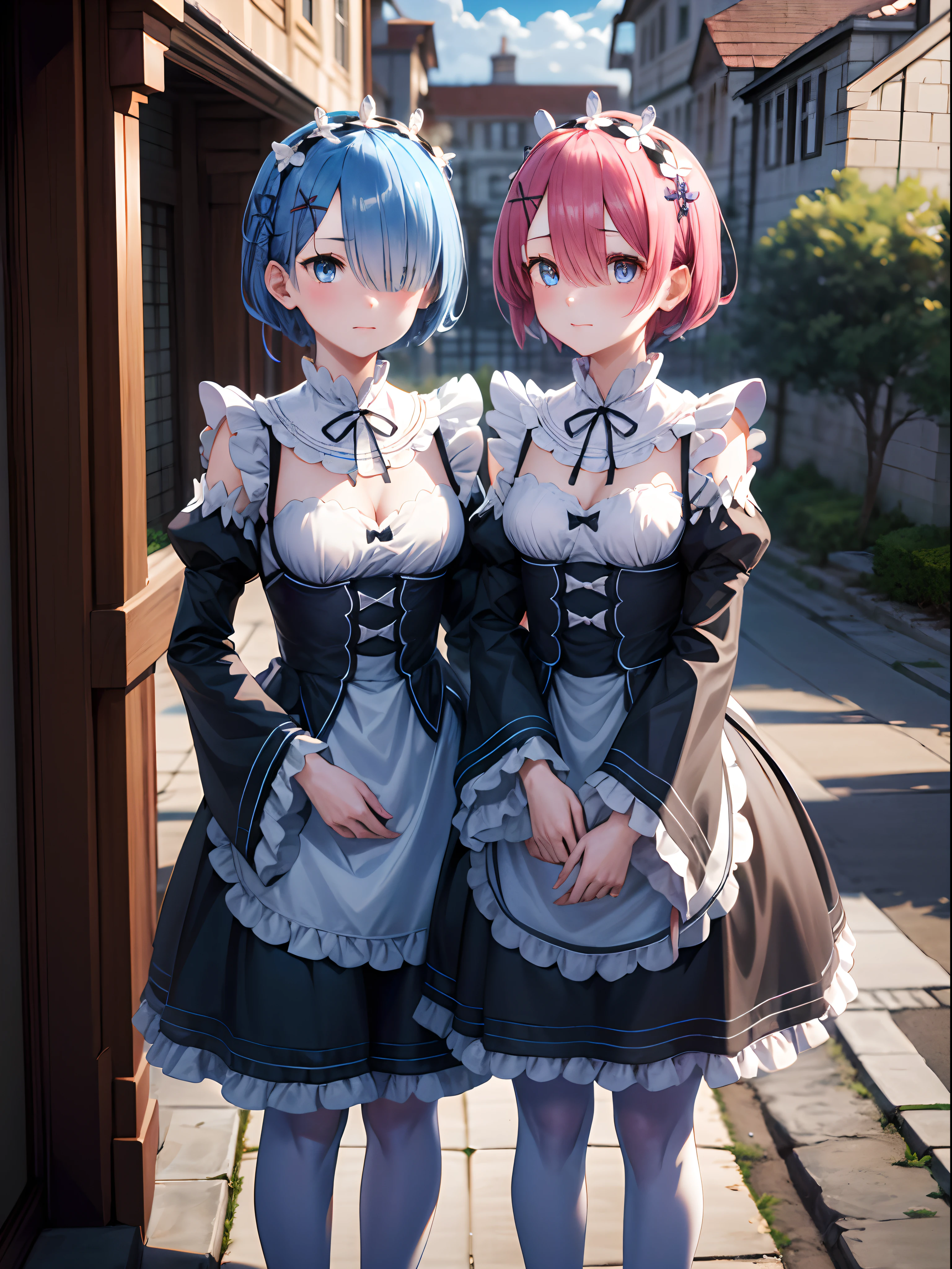 Ultra HD、2 people、(masterpiece)、[3D Images:1.5],Attractive eyes(masterpiece:1.6、Highest quality)、Ram＆Againmu、(2 peopleの女の子:1.5)、peace sign、(Beautiful eyes with attention to detail:1.2)、Hmph_Againmu、Remhad、Blue Hair、blue eyes、x Hair accessories、ロズワール邸のMaid服、Maid, Hi-Agains, Ram\(Again:Stay Night\), Pink Hair, short hair, Red eyes, Hair above one eye, Ribbon trim, Hair Ribbon, x Hair accessories, Frills, Maidの頭飾り, Waist apron, Garter Straps, Cute Couple、Mouth closed、Black Ribbon, , Long sleeve, White apron, Neck ribbon, Purple ribbon, Wide sleeves, Flowers in hair, Plein Air、