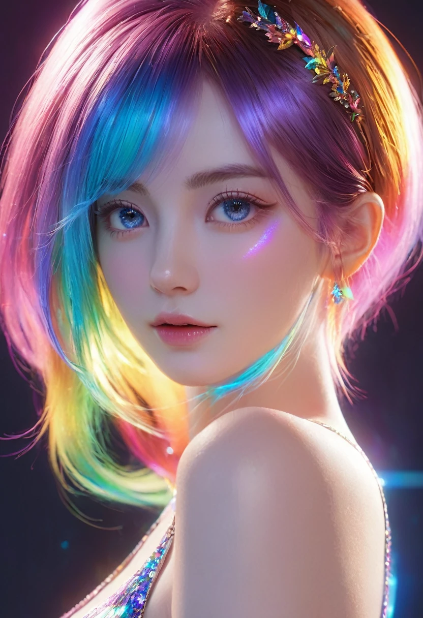 {{masterpiece}}, best quality, Extremely detailed CG unity 8k wallpaper, light, lens flare, eyes in beautiful detail, Black,  Side View,  Multi-colored hair, rich and colorful light, particle, Heterochromia, (rich and colorful:1.5), (rich and colorful hair:1.5),