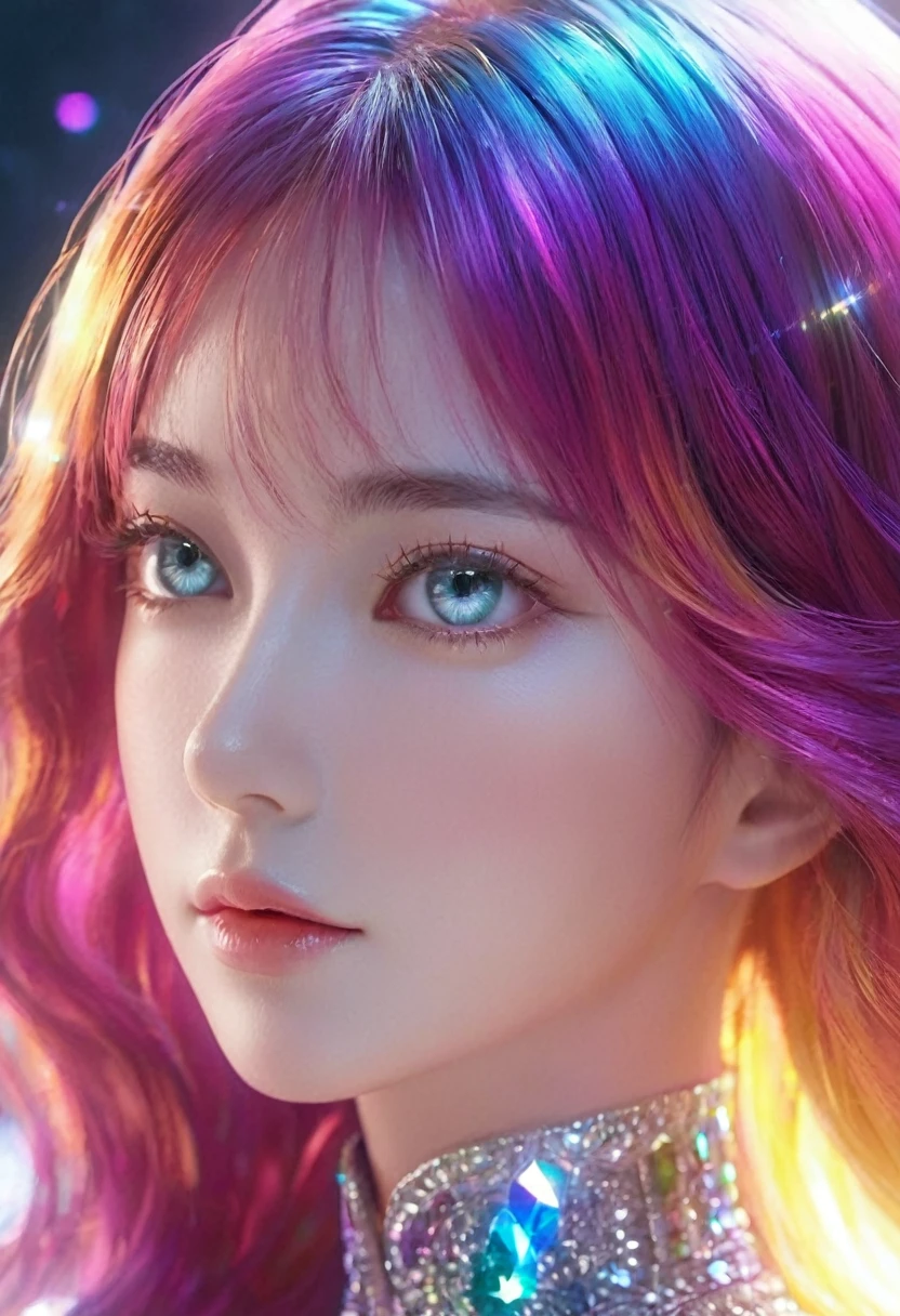 {{masterpiece}}, best quality, Extremely detailed CG unity 8k wallpaper, light, lens flare, eyes in beautiful detail, Black,  Side View,  Multi-colored hair, rich and colorful light, particle, Heterochromia, (rich and colorful:1.5), (rich and colorful hair:1.5),
