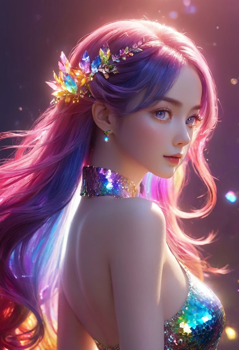 {{masterpiece}}, best quality, Extremely detailed CG unity 8k wallpaper, light, lens flare, eyes in beautiful detail, Black, Side View, Multi-colored hair, rich and colorful light, particle, Heterochromia, (rich and colorful:1.5), (rich and colorful hair:1.5),