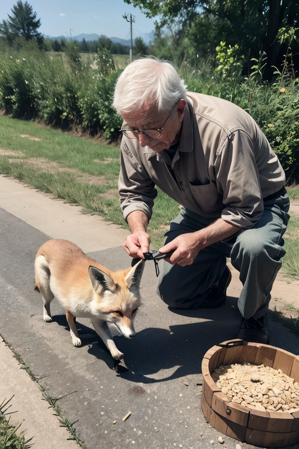 Old man helping a little fox caught in a trap