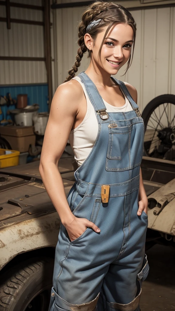 Female mechanic, dirty coveralls, dirty white tank top, dirty face, brown braided ponytail hairstyle, bandana, big smile, NSFW