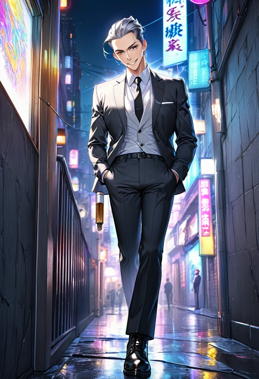 "Create an image of a handsome, slim counselor without a beard. He is wearing a suit, with a white shirt, suit pants, and boots. He has short, slicked-back, silver, expressive, and shiny hair. The background is a neon-lit city at night. He has a cheerful mood and a wry smile, with a calm, piercing gaze. He is holding a cigarette. He is either leaning against a wall or walking. Surrealism, Conceptual art, cowboy shot, lens flare, 8k, super detail, UHD, masterpiece, anatomically correct, textured skin, super detail, high details, high quality, award-winning, best quality, highres."