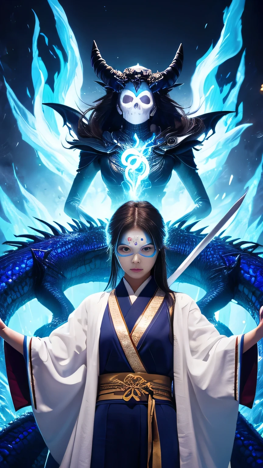 Cover your eyes with a cloth,Girl, He is holding a sword decorated with the Japanese symbol of life., Blue flames coming out of the decoration, A dragon came out of it、A blue wind blows with a skull ghost, Perfect Judy with a face and scythe,The woman is wearing a proper white outfit made of sickle steel., The woman's hair is black, The woman is the incarnation of a vampire., Dragon on background,(The background of the CG 8k module is very detailed) (Highest quality), (Best illustrations), (Best shade), Very detailed t--v6