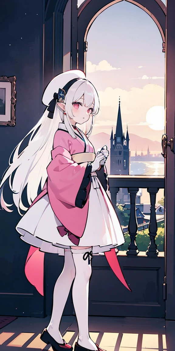 masterpiece, best quality, Fairforest, Son of a Man, Berets, Pink shawl, Pink Tunic, White pants, Brown gloves, whole body, Sunset, Gothic architecture, castle, cloud, Looking at the audience, from the side, Female 16 years old 1.66m white hair long hair,Fa Ka is a word consisting of two sixes.,The pupil is a white square,Iris is a color gradient。The two ears are hung with small pendants, which are six-sided and six-shaped.。There are six small ribbons on the middle.。The clothes are white and pink kimono short skirt pink Gothic Lolita clothes,Black butterfly-shaped ribbon tied on the chest。The left length of the white silk stockings just reaches under the skirt,Rainbow leg ring on left leg