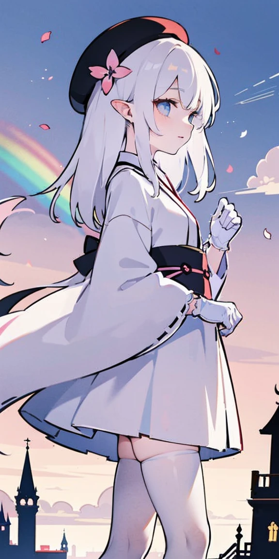 masterpiece, best quality, Fairforest, Son of a Man, Berets, Pink shawl, Pink Tunic, White pants, Brown gloves, whole body, Sunset, Gothic architecture, castle, cloud, Looking at the audience, from the side, Female s old 1.66m white hair long hair,Fa Ka is a word consisting of two sixes.,The pupil is a white square,Iris is a color gradient。The two ears are hung with small pendants, which are six-sided and six-shaped.。There are six small ribbons on the middle.。The clothes are white and pink kimono short skirt pink Gothic Lolita hes,Black butterfly-shaped ribbon tied on the chest。The left length of the white silk stockings just reaches under the skirt,Rainbow leg ring on left leg