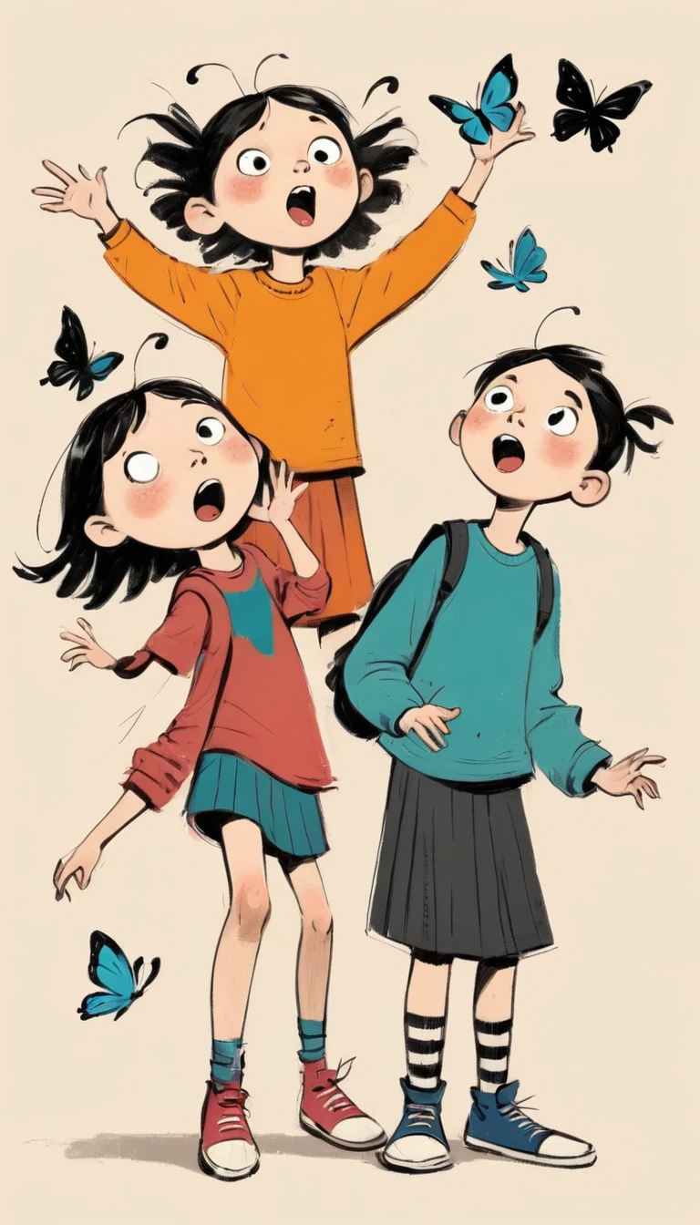 (((Exaggerated digital character sketches:1.37))).(Three primary school students catching butterflies，(Exaggerated expression))，(Black sketch lines，Loose brushstrokes create the outline，Cartoon Style. Bright colors and simplified lines, sketch)。(Exaggerated body movements，),(Large area of blank）