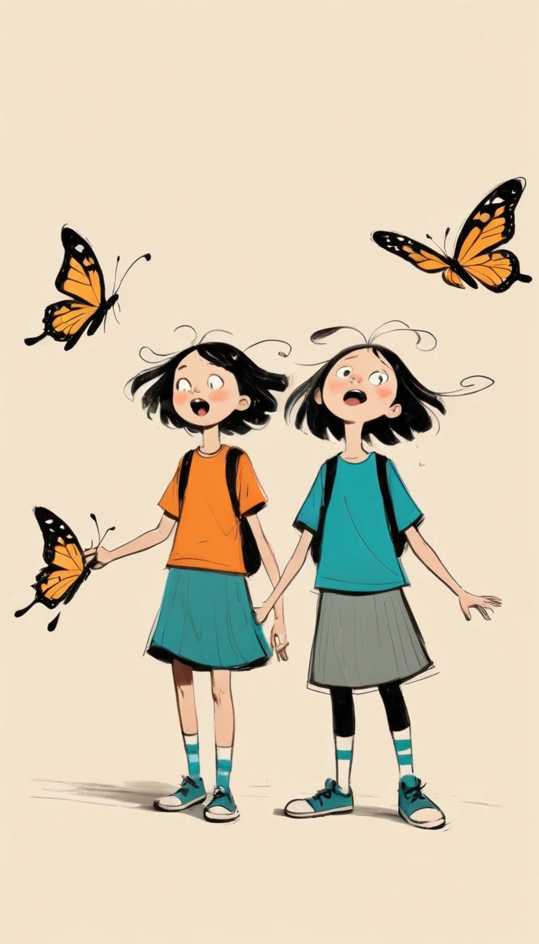 (((Exaggerated digital character sketches:1.37))).(Three primary school students catching butterflies,(Exaggerated expression)),(Black sketch lines,Loose brushstrokes create the outline,Cartoon Style. Bright colors and simplified lines, sketch)。(Exaggerated body movements,),(Large area of blank)