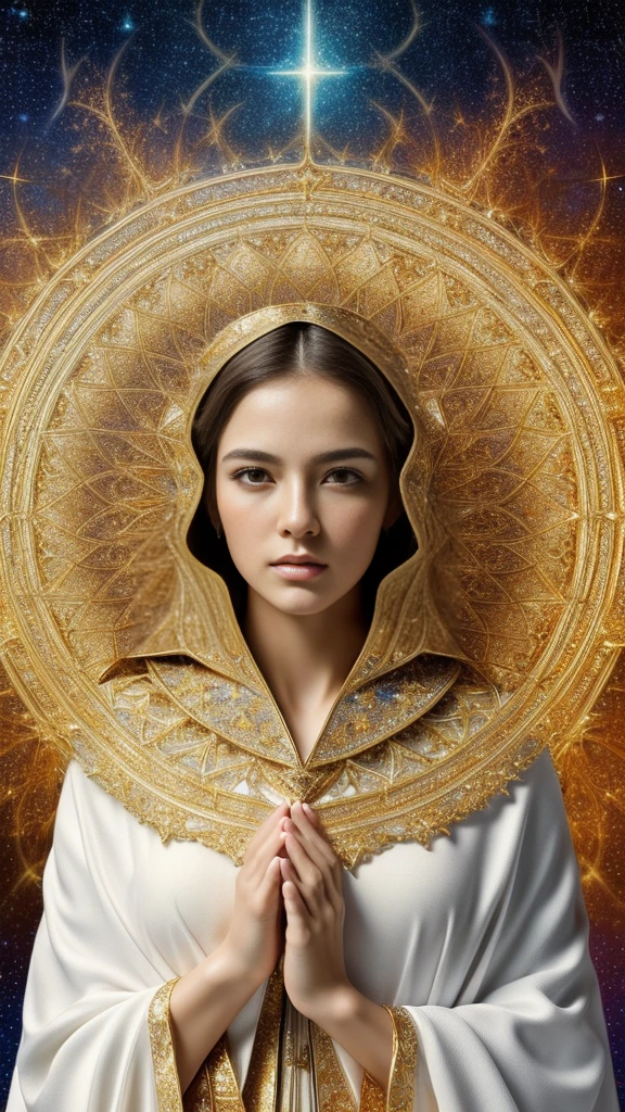 (Masterpiece, Top Quality, Best Quality, Official Art, Beauty and Aesthetics: 1.2), (1 Girl), Extreme Detail, (Fractal Art: 1.3), Colorful, Supreme Detail, Perfect Face, Upper Body, HDR, Prayer, (White Cloak Golden Lines: 1.2), Starry Sky, Shooting Star, Light Stripes, Surrealism.