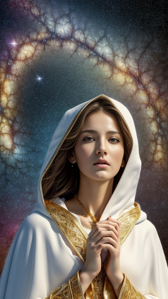 (Masterpiece, Top Quality, Best Quality, Official Art, Beauty and Aesthetics: 1.2), (1 Girl), Extreme Detail, (Fractal Art: 1.3), Colorful, Supreme Detail, Perfect Face, Upper Body, HDR, Prayer, (White Cloak Golden Lines: 1.2), Starry Sky, Shooting Star, Light Stripes, Surrealism.