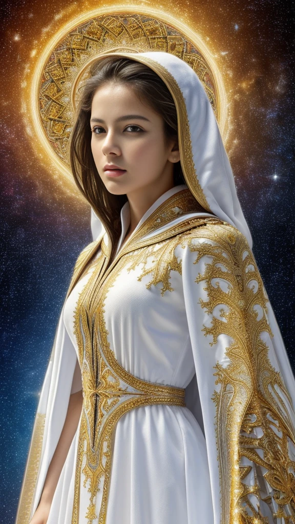 (Masterpiece, Top Quality, Best Quality, Official Art, Beauty and Aesthetics: 1.2), (1 Girl), Extreme Detail, (Fractal Art: 1.3), Colorful, Supreme Detail, Perfect Face, Upper Body, HDR, Prayer, (White Cloak Golden Lines: 1.2), Starry Sky, Shooting Star, Light Stripes, Surrealism.