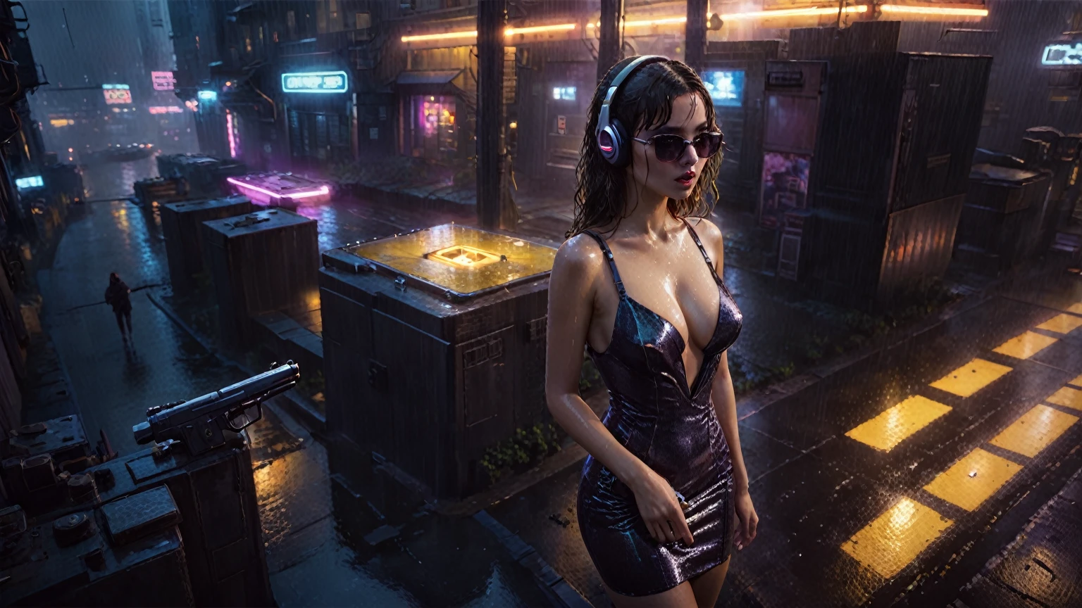 (((aerial view))), (flying cars docking platform), Blade Runner style futuristic city alley, neon lights, rainy night. (1girl, solo, alone), large-breast:1.2 slim body, cleavage:1.1, sexy wind blowing wet dress:1.4, headphone, (black sunglasses), (((she raised a pistol:1.8 and shot:1.8 the viewer))), dynamic pose, (((half-body thigh level medium shot))), cinematic lighting, lens flare, ray tracing, blurred:1.4 background.