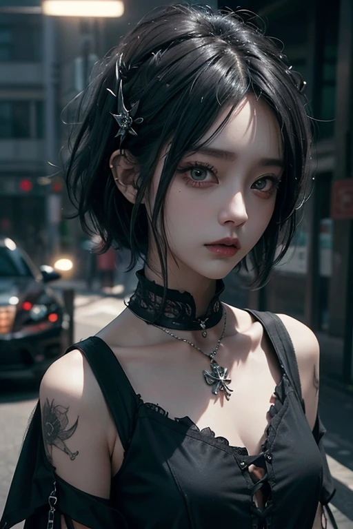 Highest quality、8k、masterpiece：1.3、Gothic Punk、The inside color is red、Gray Black Hair、short hair, hair ornaments、Beautiful girl、creative、Dark Fantasy Style、Neogoth、punk shirt fashion：1.2、High resolution、masterpiece、Highest quality、頭w:1.3、((Hasselblad Photos))、Fine skin、Sharp focus、(Cinematic lighting)、Realistic texture, Chest to chest 