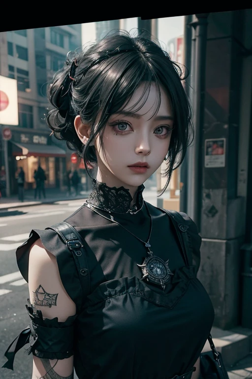 Highest quality、8k、masterpiece：1.3、Gothic Punk、The inside color is red、Gray Black Hair、short hair, hair ornaments、Beautiful girl、creative、Dark Fantasy Style、Neogoth、punk shirt fashion：1.2、High resolution、masterpiece、Highest quality、頭w:1.3、((Hasselblad Photos))、Fine skin、Sharp focus、(Cinematic lighting)、Realistic texture, Chest to chest 