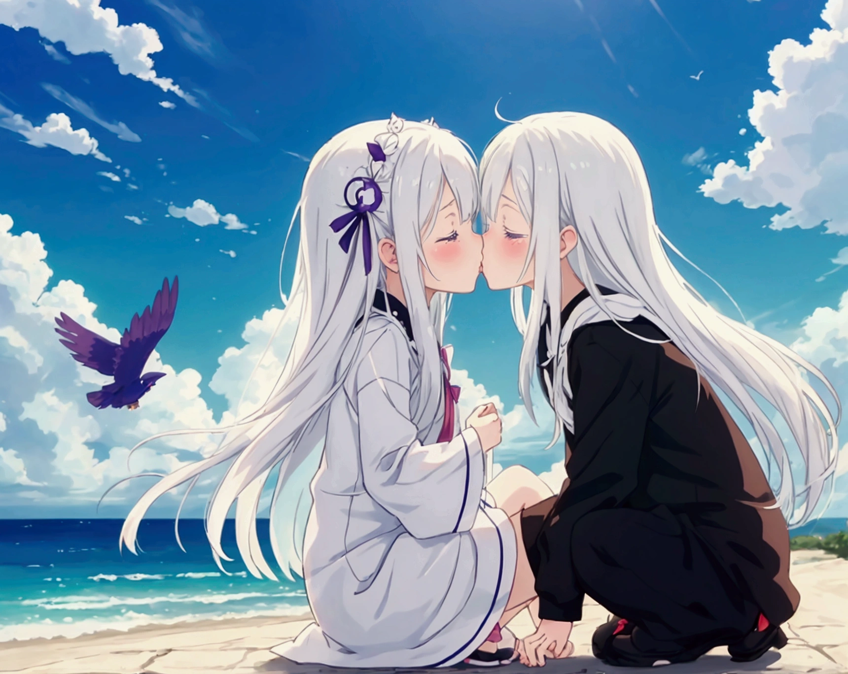 anime, , kidse, couple kissing in the sky with birds flying overhead, kissing together cutely, romanticism lain, shoujo romance, sakimi chan, lovely kiss, kissing together, anime picture, in love, kissing, romantic!!!, anime, re:zero, echidna, subaru, making love, cute anime, beautiful anime, anime!!, anime wallaper, cielo hermoso, lagrimas de felicidad en la niña, echidna niña, pelo blanco, cejas gruesas blanca.