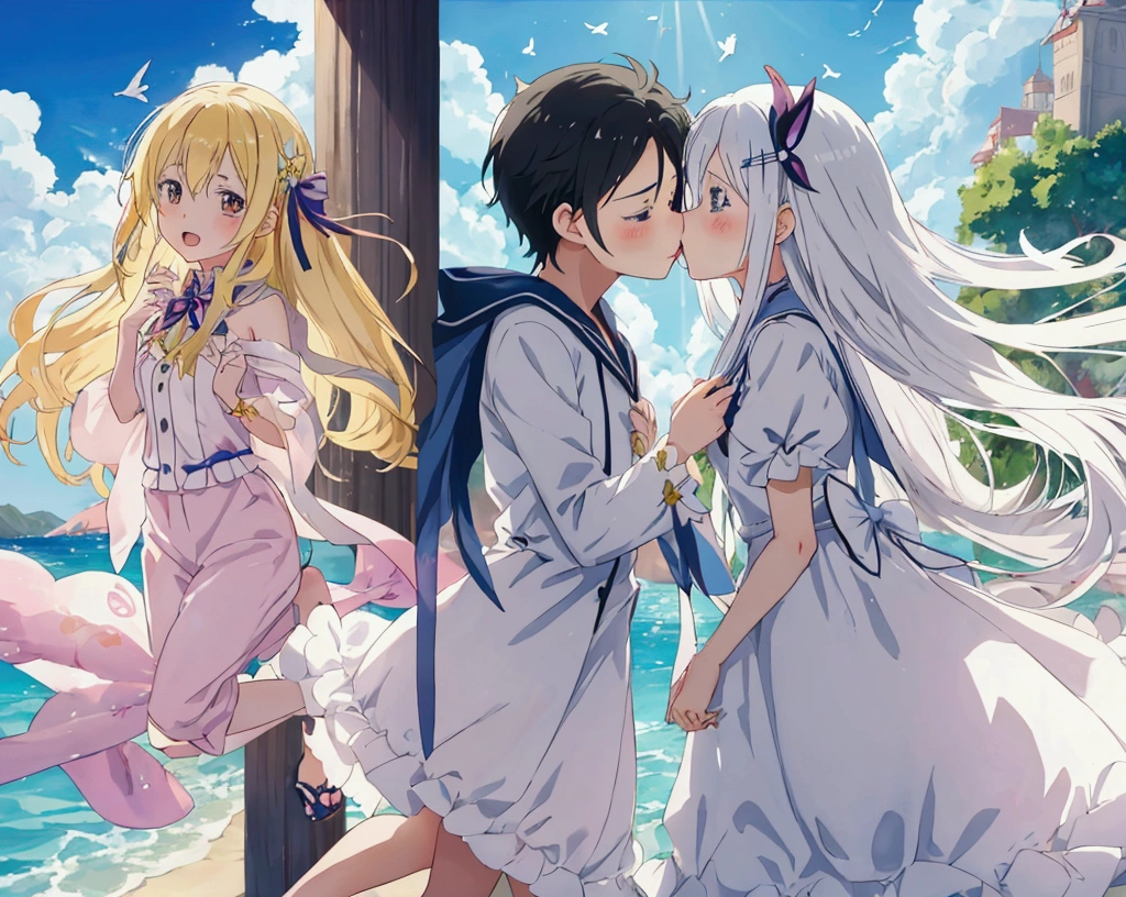 anime, kids, kids cute, couple kissing in the sky with birds flying overhead, kissing together cutely, romanticism lain, shoujo romance, sakimi chan, lovely kiss, kissing together, anime picture, in love, kissing, romantic!!!, anime, re:zero, echidna, subaru, making love, cute anime, beautiful anime, anime!!, anime wallaper, cielo hermoso, lagrimas de felicidad en la niña, echidna niña, pelo blanco, cejas gruesas blanca.