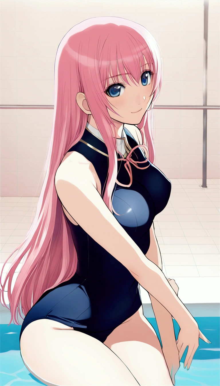 masterpiece ,Megurine Luka,E cup breasts,Pink long hair,blue eyes,School Swimsuit,smile,sit,Pool,