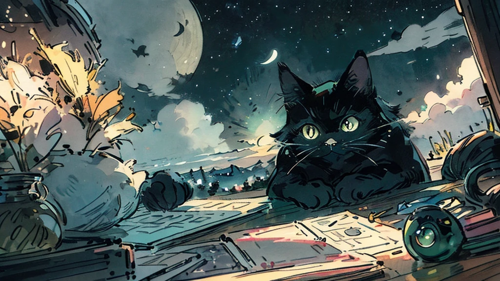 Illustration written in colored pencils, Fantasy, Night Sky, moon, Black cat, Emerald green, moonに描かれた陰陽,、虹の空に星とmoonが描かれた川の絵, Very detailed, Very complicated, beautiful, Majestic, Harmony, peace, Tranquility