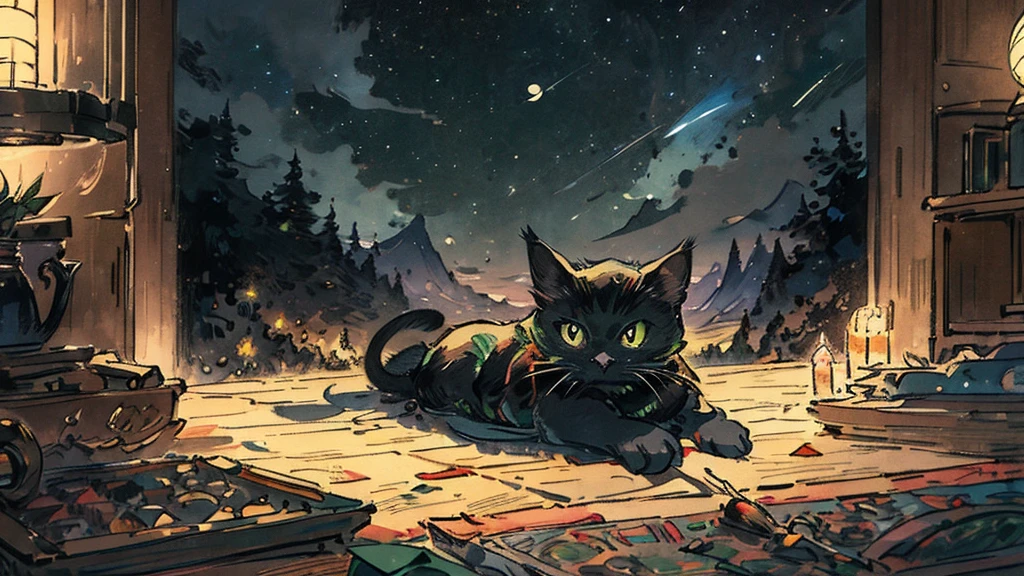 Illustration written in colored pencils, Fantasy, Night Sky, moon, Black cat, Emerald green, moonに描かれた陰陽,、虹の空に星とmoonが描かれた川の絵, Very detailed, Very complicated, beautiful, Majestic, Harmony, peace, Tranquility