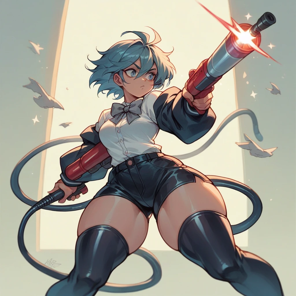 Rubber hose 1930s cartoon style cat, wearing grey bow tie, wearing black shorts, has thick thighs, holding a laser gun, shooting at a ailen. 1950s aesthetic, 