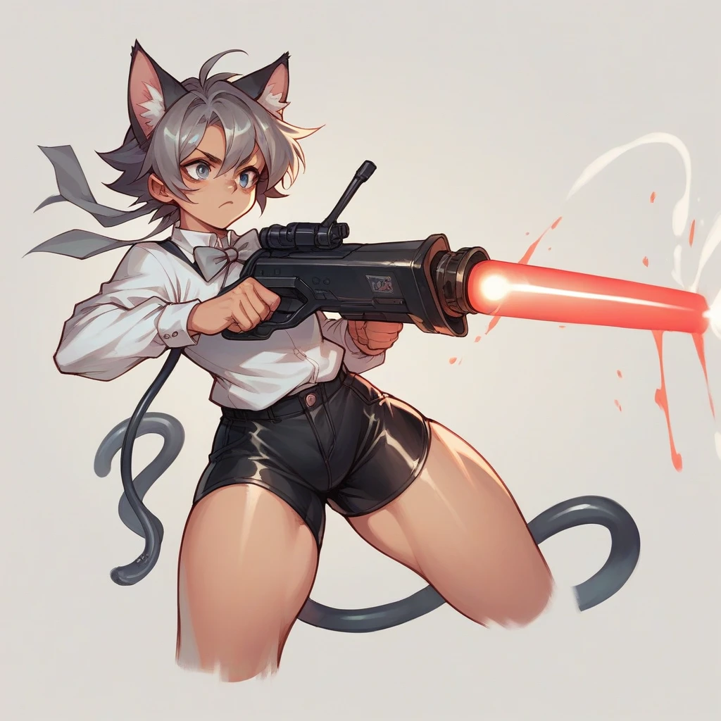 Rubber hose 1930s cartoon style cat, wearing grey bow tie, wearing black shorts, has thick thighs, holding a laser gun, shooting at a ailen. 1950s aesthetic, 