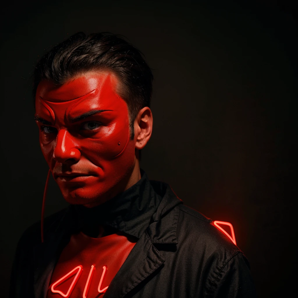 man with red mask ((neon)), in profile looking to the left (imposing))