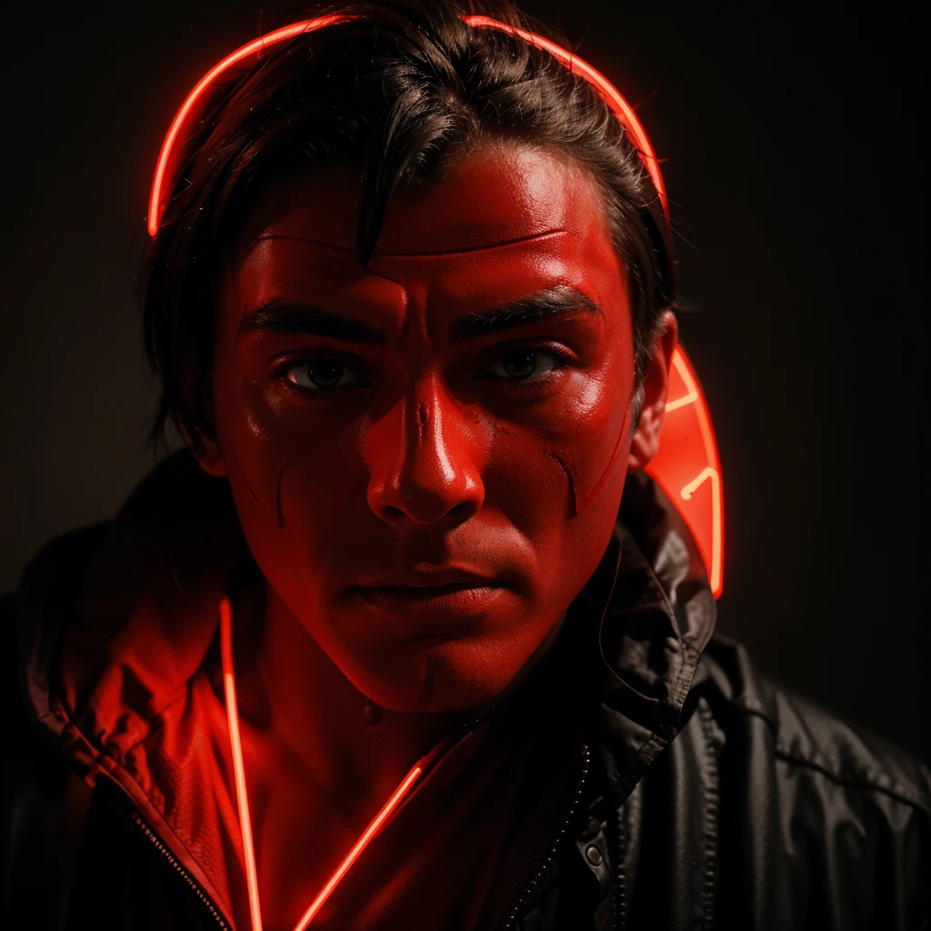 man with red mask ((neon)), in profile looking to the left (imposing))