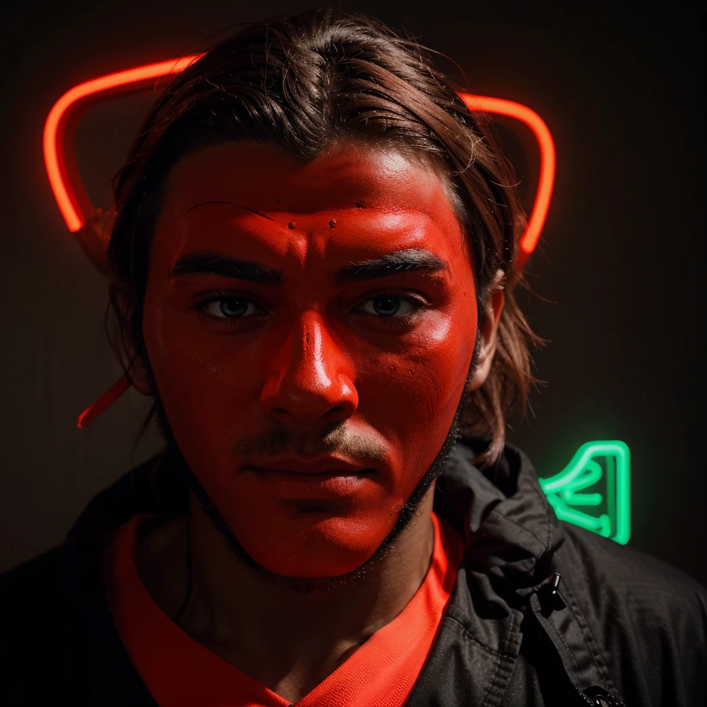 man with red mask ((neon)), in profile looking to the left (imposing))