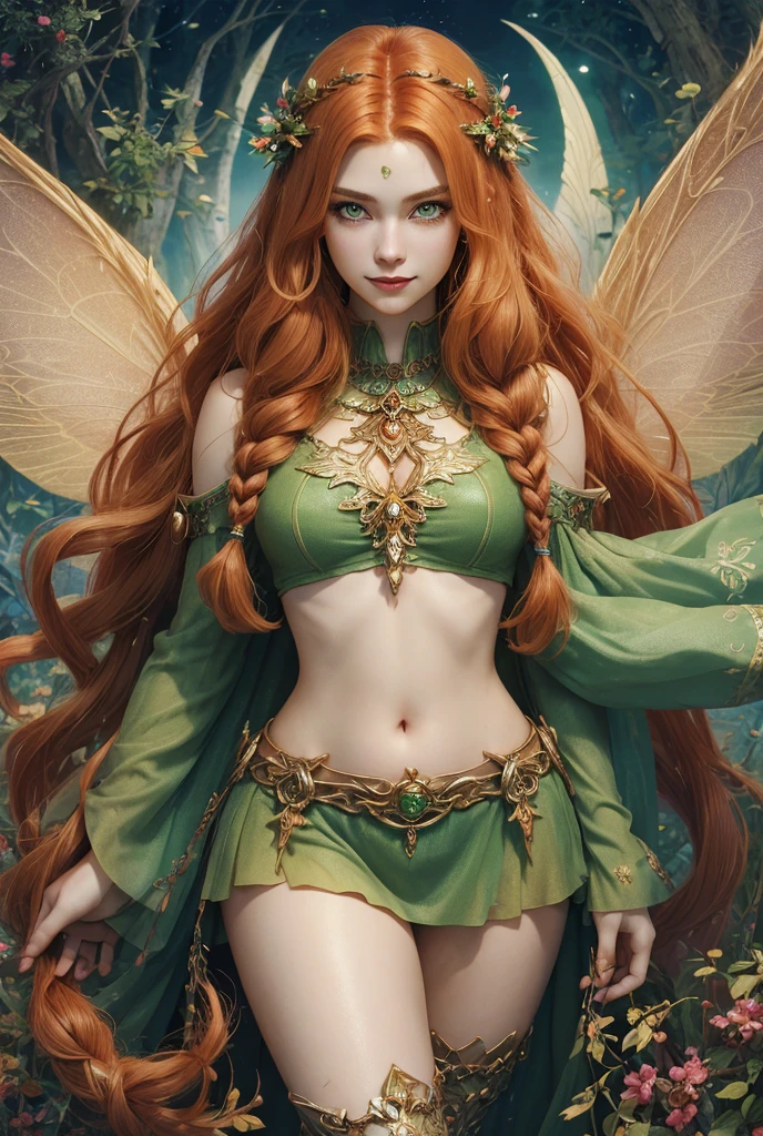 masterpiece, fulllength, perfect body, perfect face, ginger hair, long braided hair, fantasy character, druid, fairy, perfect breasts, thighs, midriff, green eyes, magical, smiling, fairy wings
