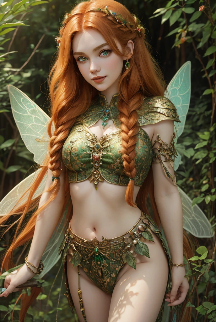 masterpiece, fulllength, perfect body, perfect face, ginger hair, long braided hair, fantasy character, druid, fairy, perfect breasts, thighs, midriff, green eyes, magical, smiling, fairy wings