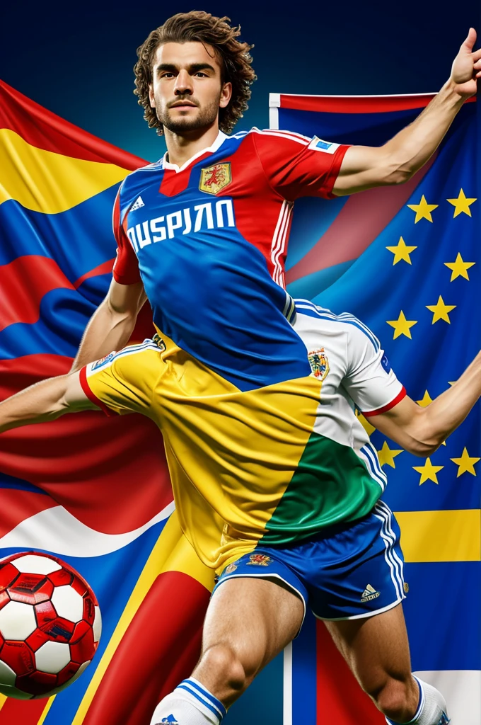 A soccer mascot for a European Championship with the Russian national team shirt with the number 16, that is colorful and with a star dynamic, representing the diversity and energy of Europe