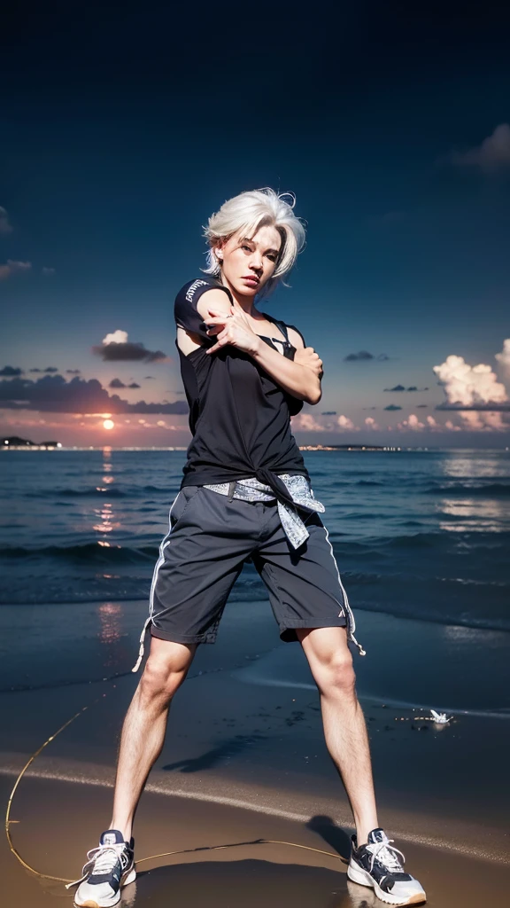 1 boy, handsome asian male, extremely detailed face, beautiful detailed eyes, beautiful detailed lips, street view, sunrise, different every time, white hair, grey hair, stylish hair, (best quality,4k,8k,highres,masterpiece:1.2),ultra-detailed,(realistic,photorealistic,photo-realistic:1.37),gorgeous colors,dramatic lighting,cinematic