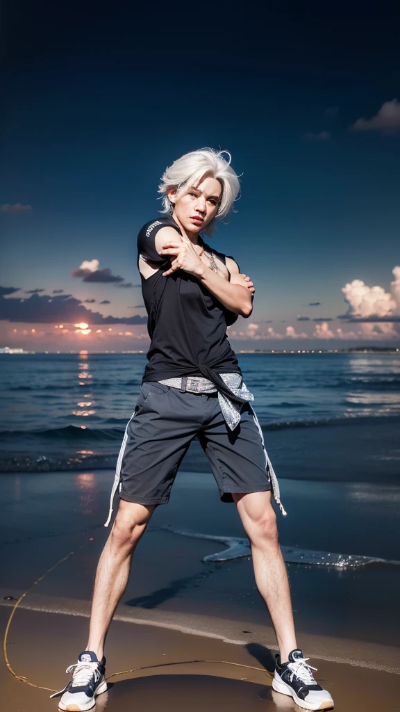 1 boy, handsome asian male, extremely detailed face, beautiful detailed eyes, beautiful detailed lips, street view, sunrise, different every time, white hair, grey hair, stylish hair, (best quality,4k,8k,highres,masterpiece:1.2),ultra-detailed,(realistic,photorealistic,photo-realistic:1.37),gorgeous colors,dramatic lighting,cinematic