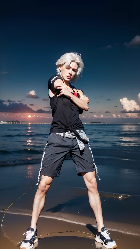 1 boy, handsome asian male, extremely detailed face, beautiful detailed eyes, beautiful detailed lips, street view, sunrise, different every time, white hair, grey hair, stylish hair, (best quality,4k,8k,highres,masterpiece:1.2),ultra-detailed,(realistic,photorealistic,photo-realistic:1.37),gorgeous colors,dramatic lighting,cinematic