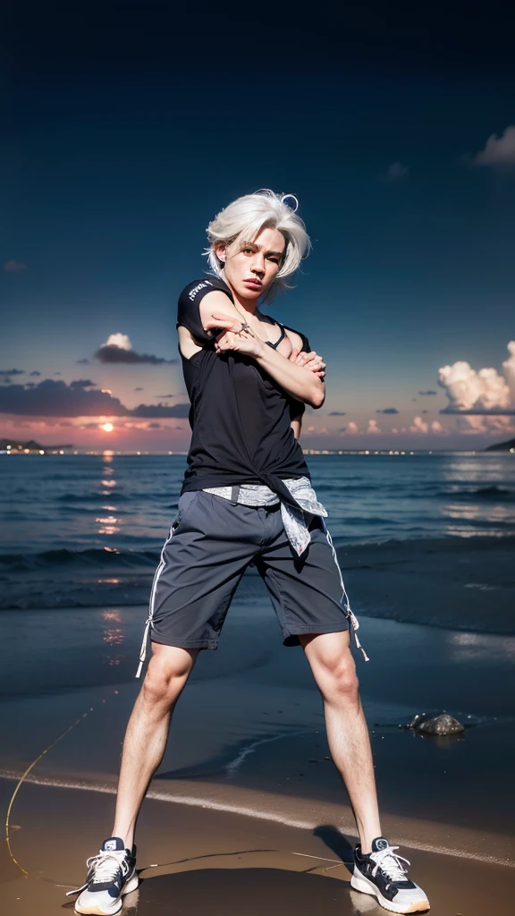 1 boy, handsome asian male, extremely detailed face, beautiful detailed eyes, beautiful detailed lips, street view, sunrise, different every time, white hair, grey hair, stylish hair, (best quality,4k,8k,highres,masterpiece:1.2),ultra-detailed,(realistic,photorealistic,photo-realistic:1.37),gorgeous colors,dramatic lighting,cinematic