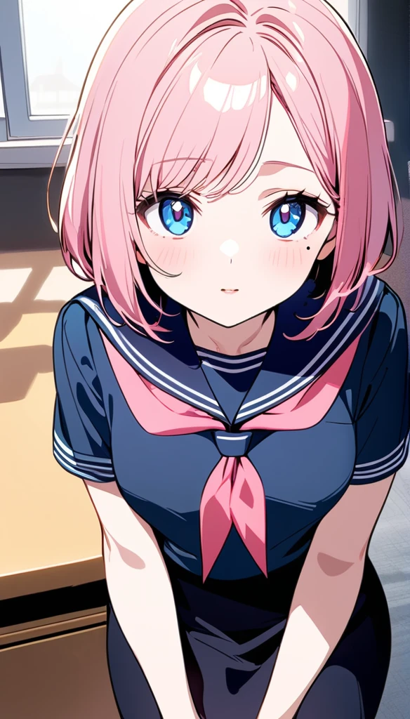 (1 girl),(manga's crisp and clean line art:1.2),(Best Picture Quality, 8K, Masterpiece:1.3), (high school student:1.5), ((pink lob hair:1.1)), (bob cut),(swept bangs), (cute eyes, pupil black, iris skyblue, youthful face), (mole under right eye), (standard weight), (small breasts),(big hip), (glistening skin:1.1),(pale skin:1.2), ((serafuku, white sailor short sleeve simple shirt, darkblue skirt, darkblue sailor collar, pink ribbon)).