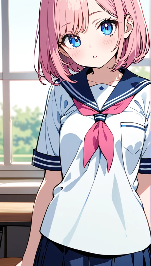 (1 girl),(manga's crisp and clean line art:1.2),(Best Picture Quality, 8K, Masterpiece:1.3), (high school student:1.5), ((pink lob hair:1.1)), (bob cut),(swept bangs), (cute eyes, pupil black, iris skyblue, youthful face), (mole under right eye), (standard weight), (small breasts),(big hip), (glistening skin:1.1),(pale skin:1.2), ((serafuku, white sailor short sleeve simple shirt, darkblue skirt, darkblue sailor collar, pink ribbon)).